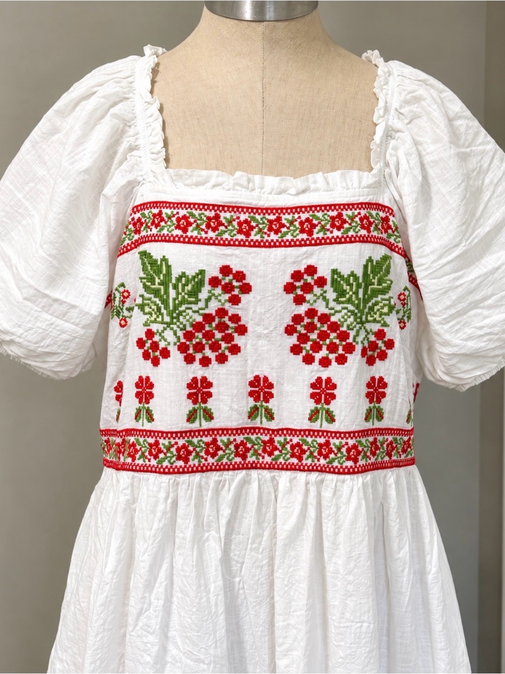 Polagram White Maxi Dress with Red & Green Embroidered Smocking - Picture 2 of 3